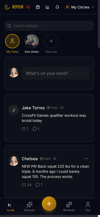 Repcir activity feed showing circle workouts