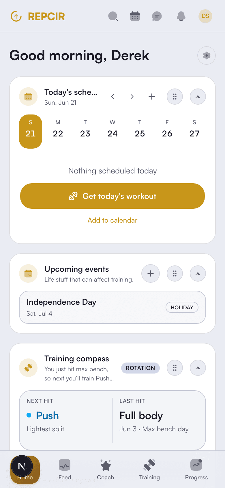 REPCIR's home screen showing today's plan, streak, and readiness